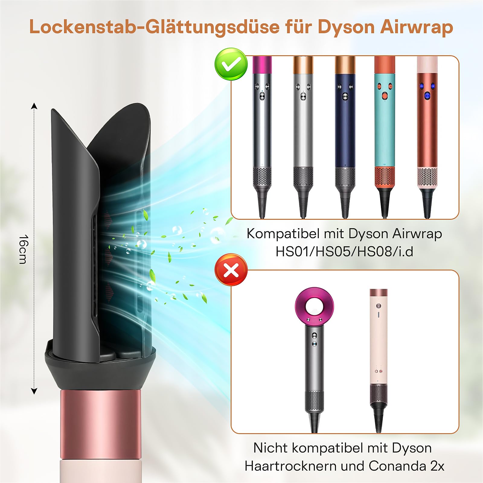 Glättungsdüse Aufsatz für Dyson Airwrap mit Modellen HS01/05/08, Schwarz | Glättet feuchtes, lockiges Haar für ein glattes, glänzendes Ergebnis und reduziert dabei Frizz