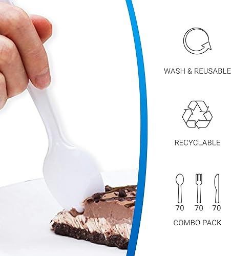 Miniatura 3 de EDI desechables cubiertos de plástico, 70 Tenedores, 70 Cuchillos, 70 cucharas, color blanco, 210 unidades