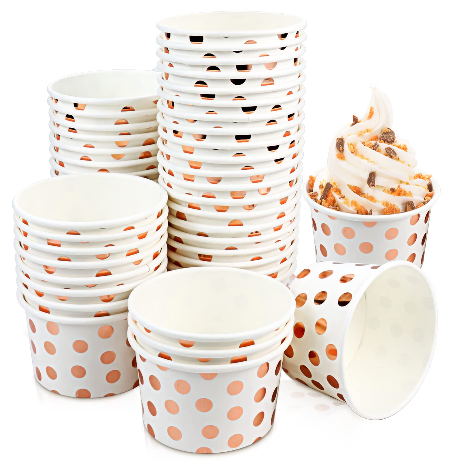 CZWESTC 50 PCS Ice Cream Cup, Polka Dot Paper Treat Cup, Disposable Ice Cream Bucket, Sundae Cups, Frozen Dessert Yogurt Container, Disposable Dessert Bowls, Rose Gold Polka Dots Party Supplies-8.5OZ