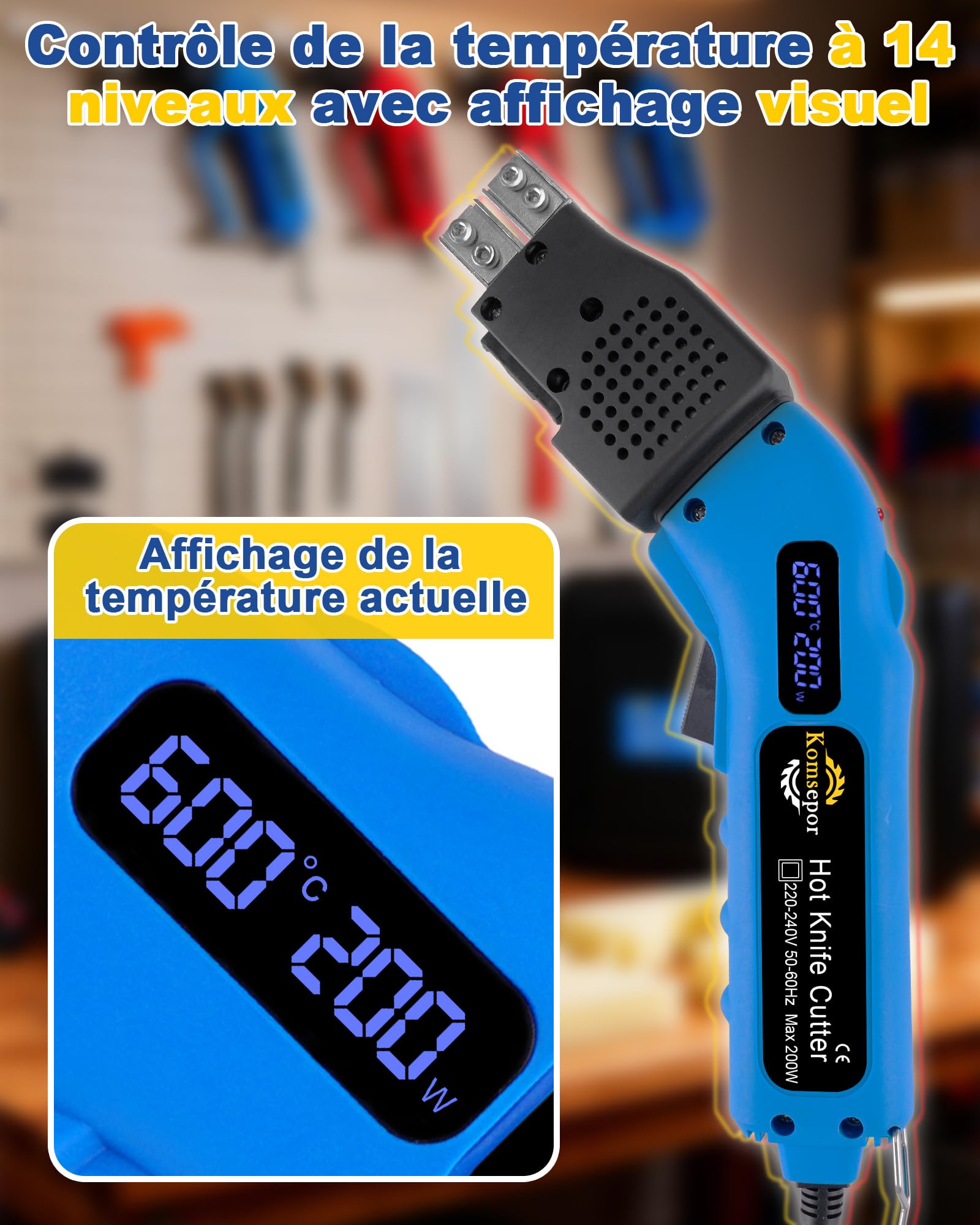 Komsepor 200W Couteau Électrique à Chaud Découpeur de Mousse avec 4 Lames en Nickel-Chrome 0-600℃ 220-240V avec Système de Refroidissement (Affichage de la température + puissance réglable)