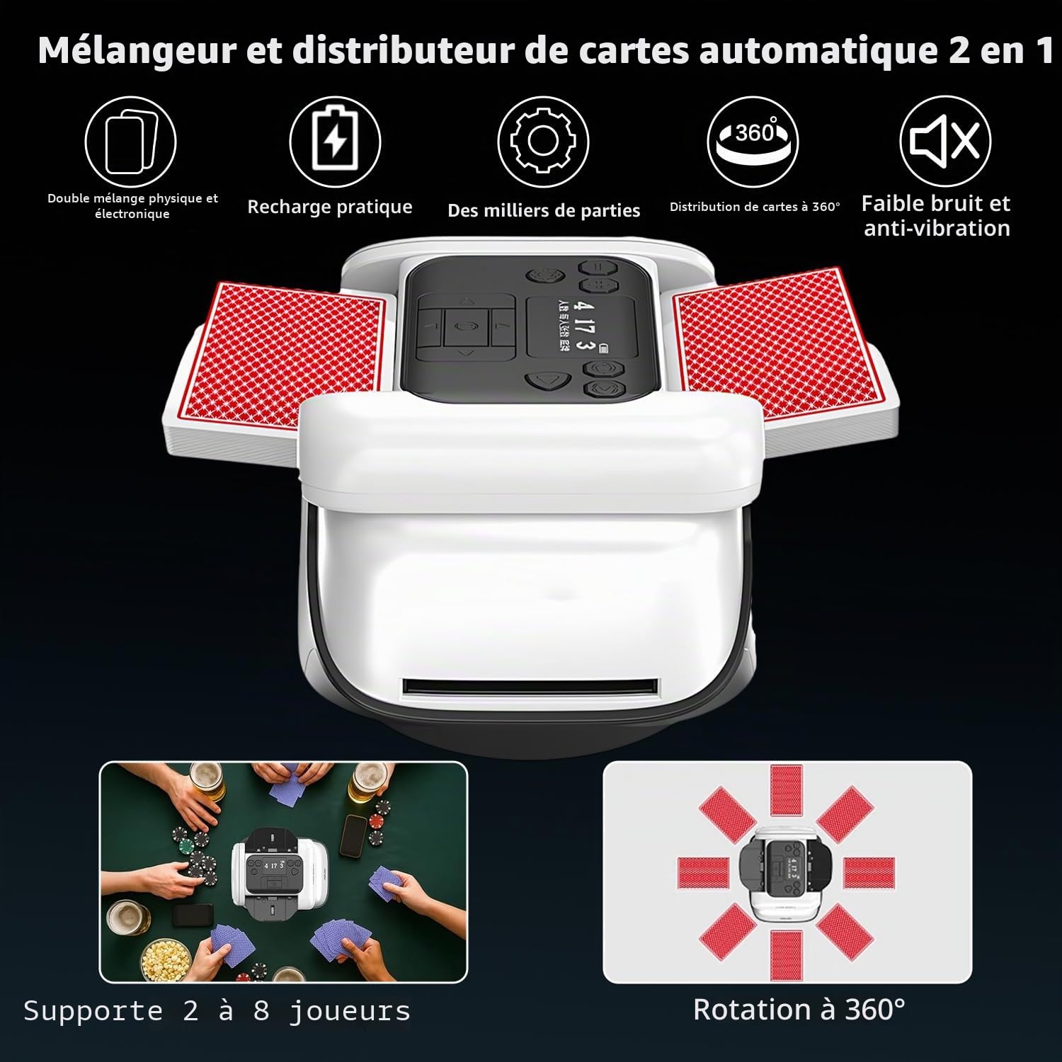 Mélangeur de cartes automatique, Machine à mélanger cartes électrique | électrique autonomie Distributeur de cartes à bas bruit, pour 1-8 joueurs, pour UNO, Poker, Skip BO, Blackjack, Texas Hold'e