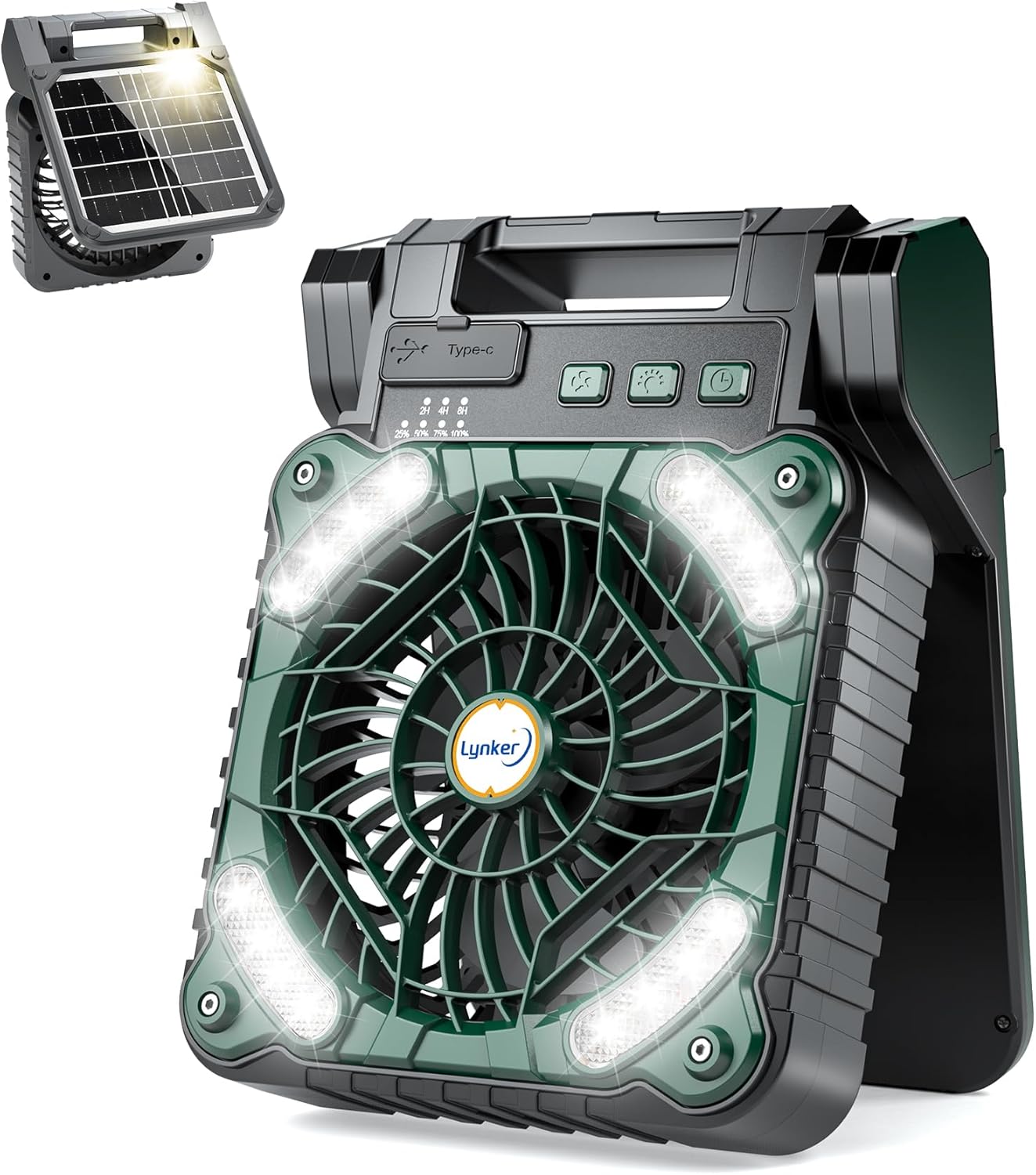 lynker Camping Fan Solar Powered with LED Lantern & Power Bank, Portable Rechargeable Battery Operated, 4 Speeds, 35dB Ultra-Quiet, 8H Timer, Foldable Fan for Tent, RV, Emergency, Hiking (Green)