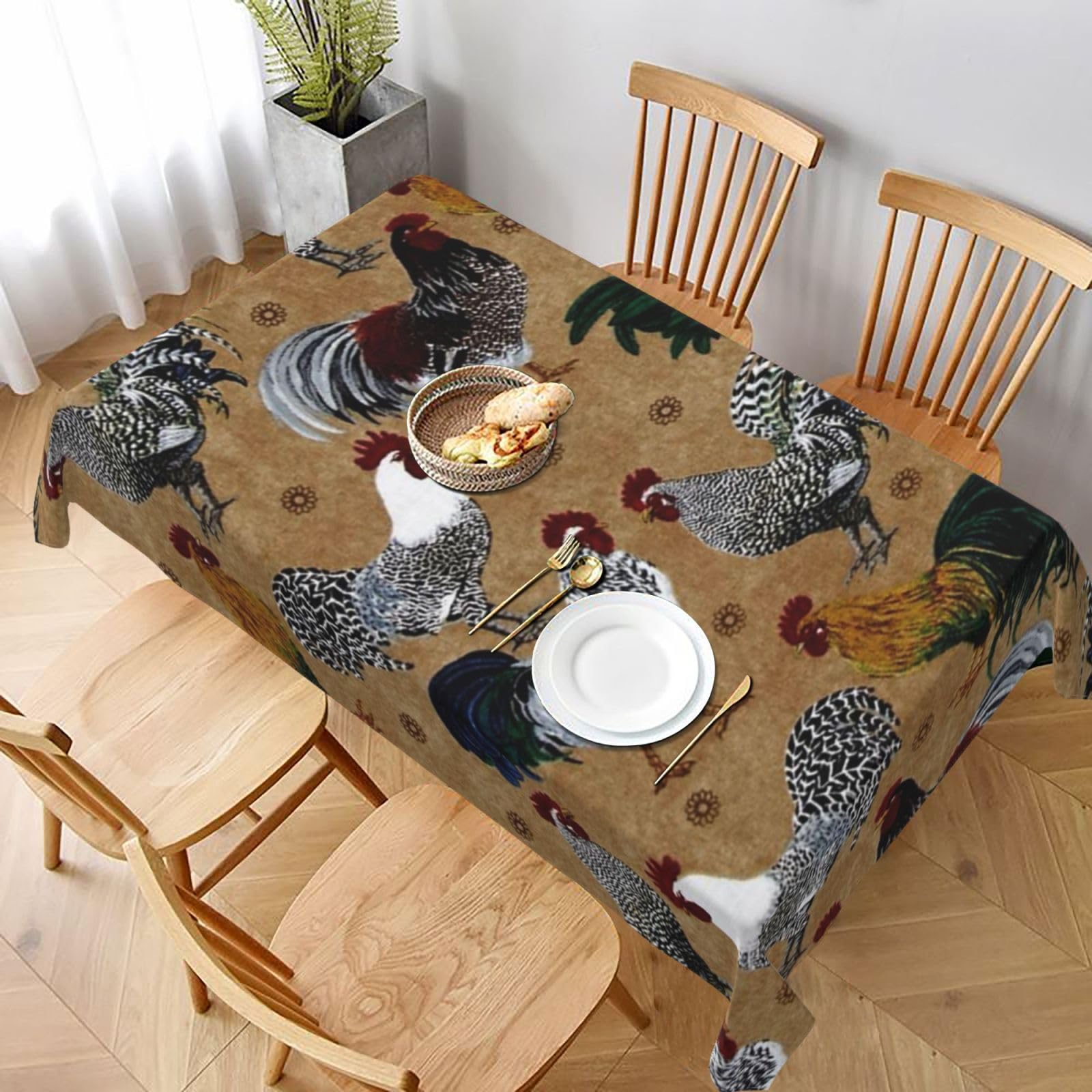 BNVSADC Rooster and Chicken Print Printed Rectangle Tablecloth 228x152 CM, Water Resistant Polyester Table Cloth Decorative Fabric Table Covers for Kitchen Dining Table Parties Camping
