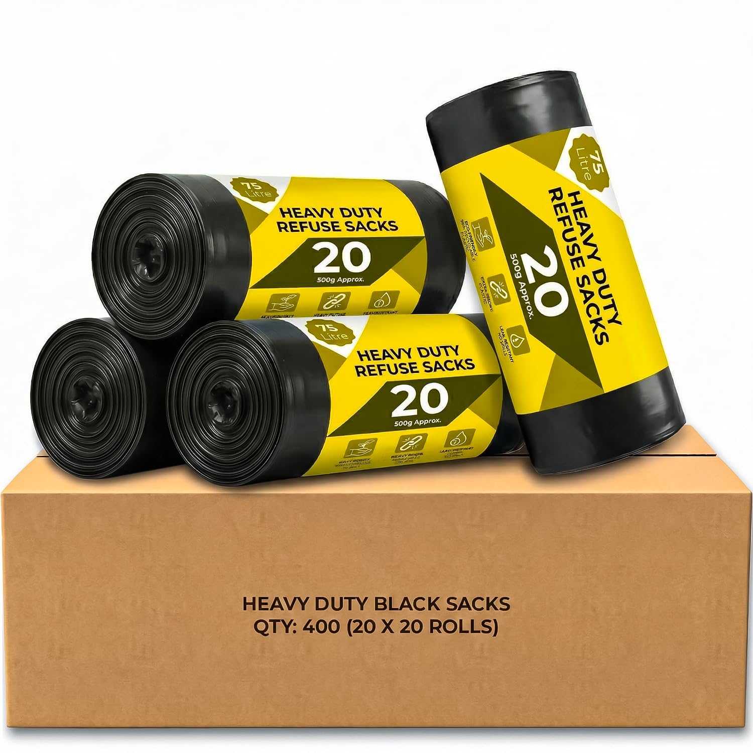 Roe Tenpo 400 Pack Black Bin Bags 75L, 30 Microns – Leak-Proof, Strong Plastic Bin Liners – Refuse Sacks Ideal for Kitchen, Home, DIY & Garden, Household, Office & Catering