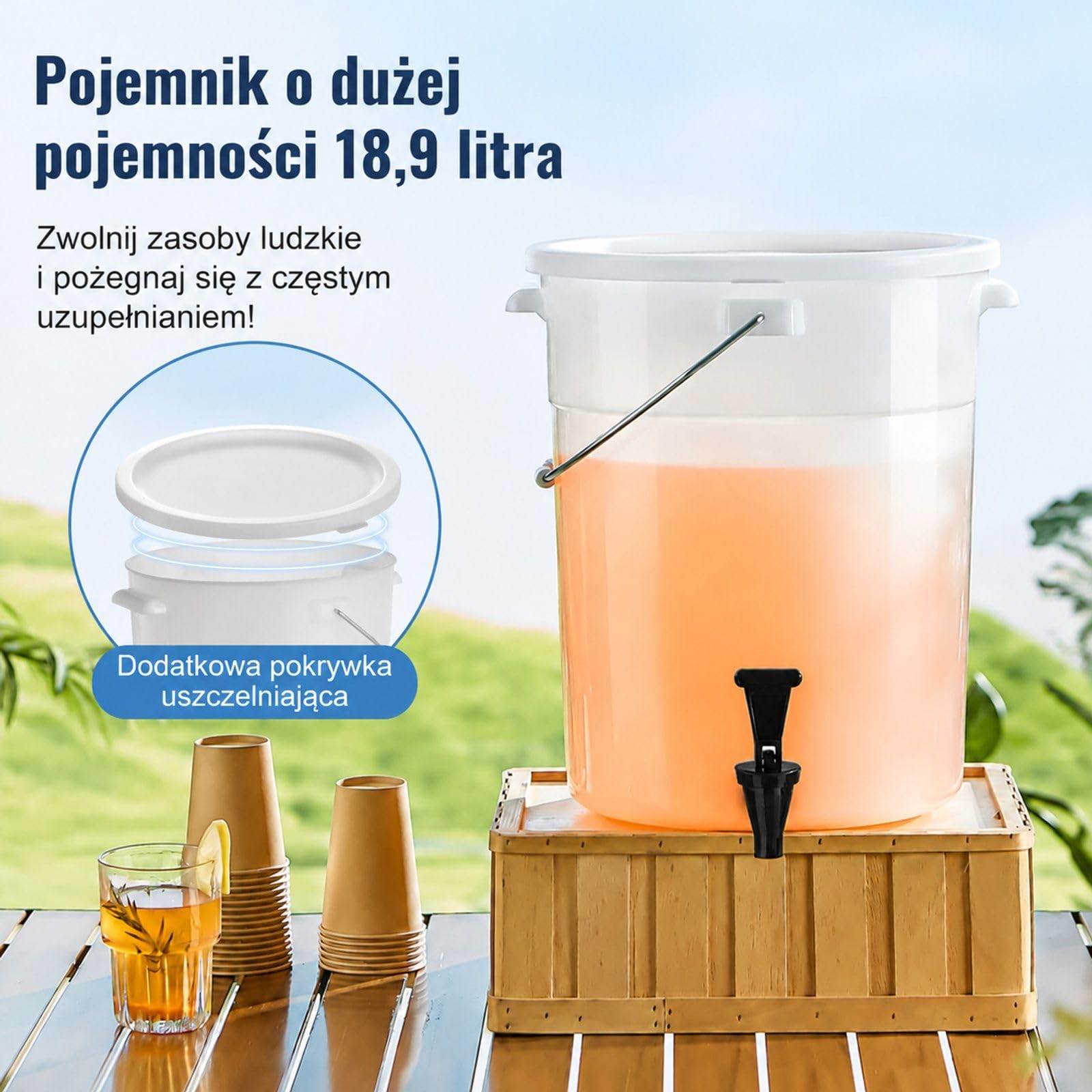 Zestaw 2 szt dozownik napojów 19 L z tworzywa z kranikiem i pokrywą do soku lemoniady herbaty lodowej wody restauracji hoteli przyjęć