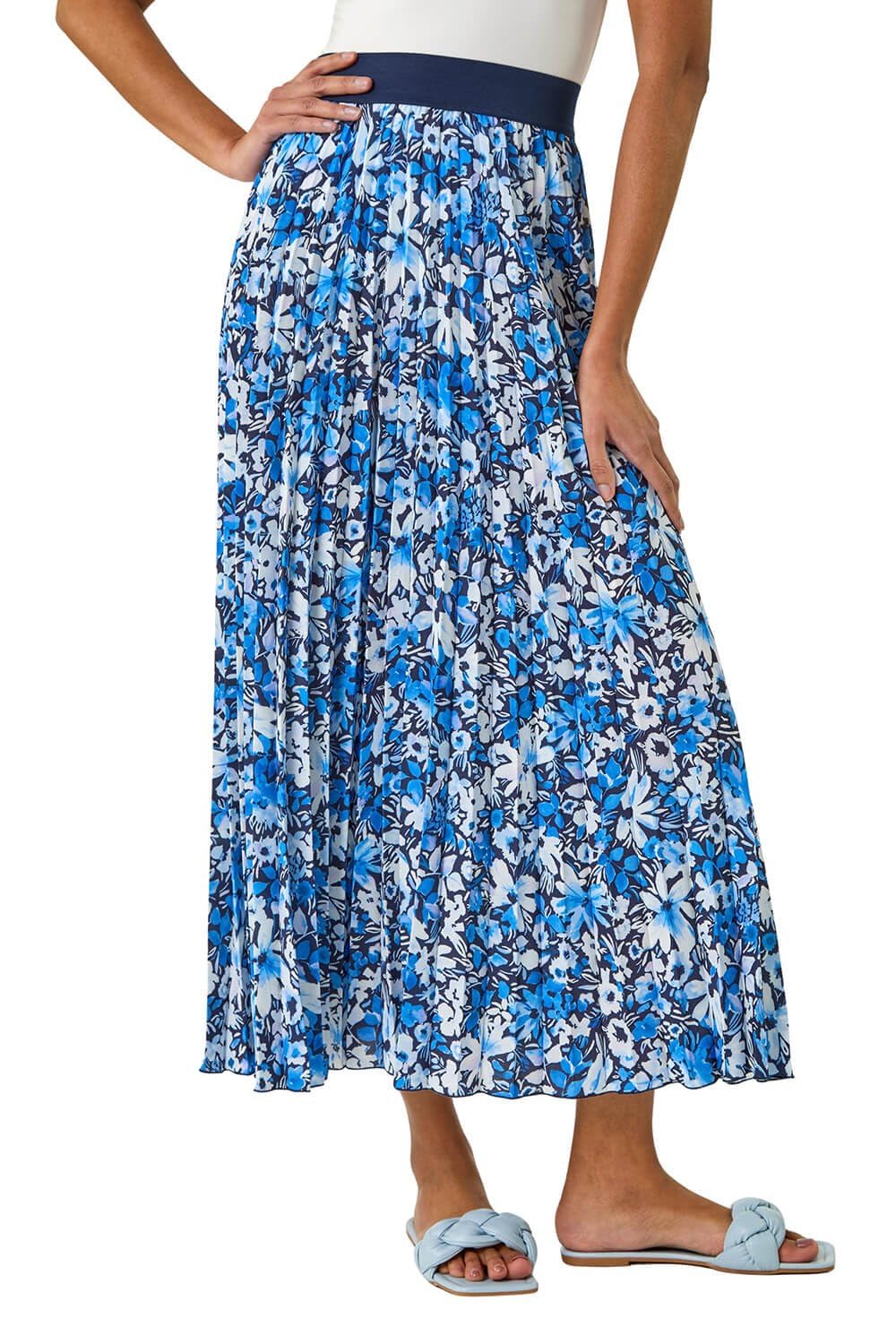 Roman Originals Women's Blue Floral Pleated Skirt For Uk Maxi Midi Crinkle Summer Smart Casual Evening Special Occasion Elasticated Waistband Party Holiday Long Crepe - Size 20