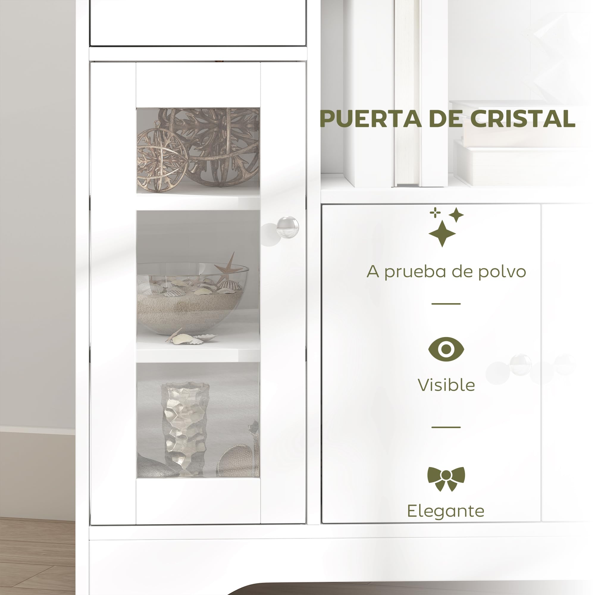 HOMCOM Aparador Blanco Aparador de Cocina Moderno con Puerta de Vidrio Cajón Estante Abierto y Baldas Ajustables Mueble Auxiliar de Almacenaje para Comedor Salón 80x30x82 cm Blanco | Puerta de Vidrio, Cajón, Estante Abierto, Baldas Ajustables, Mueble Auxi