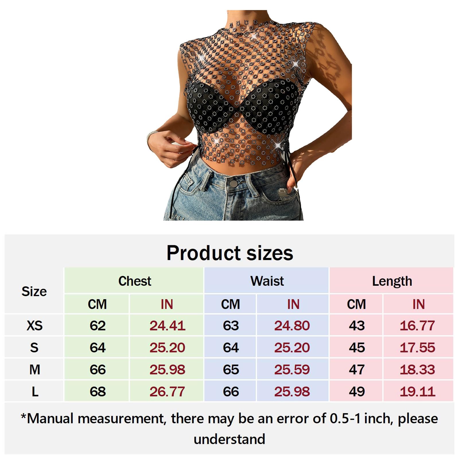 Débardeur court transparent sexy pour femmes Strass voir à travers Hollow Out sans manches Sortir haut en résille