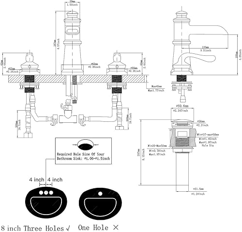 Miniatura 6 de Grifo de baño generalizado de bronce aceitado para lavabo de baño, 3 agujeros de 8 pulgadas, dos manijas con tapón de drenaje emergente, línea de