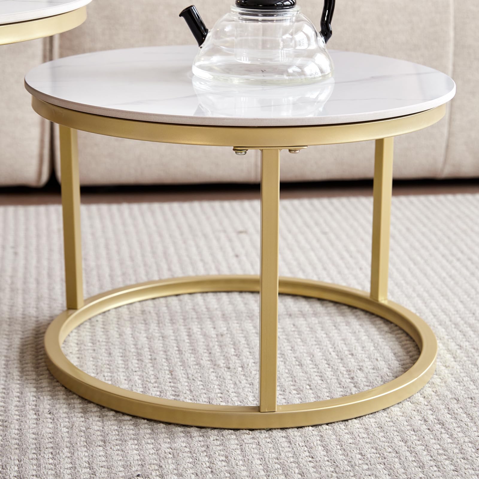 Juego de 2 Mesas de Centro Nido de Mármol con Tablero de Mármol Blanco y Estructura de Metal Dorado. Mesa Auxiliar Redonda Moderna para Salón - 70 x 70 x 45 cm