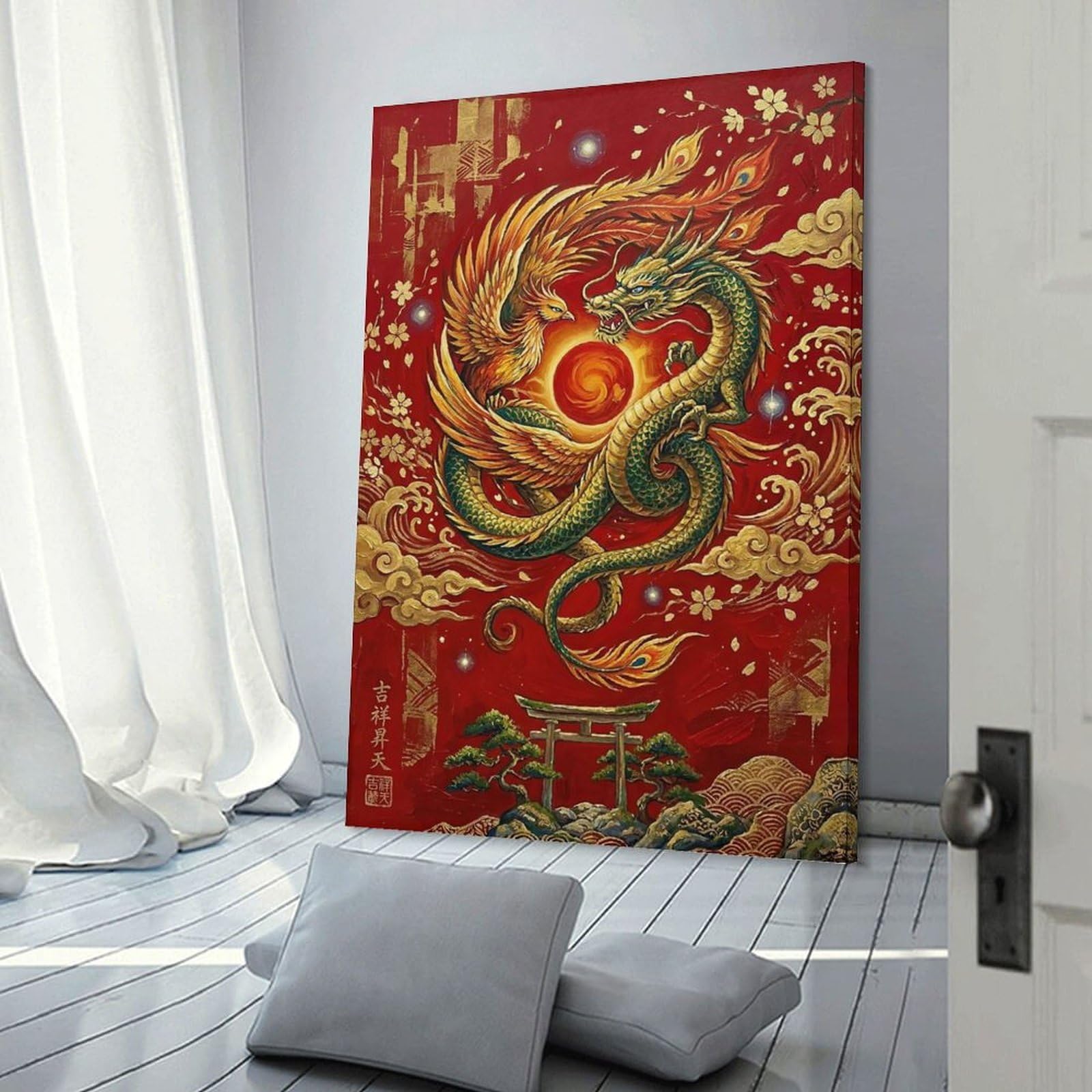 Junmoney Room Decor Wall Art Dragon And Phoenix with Sun And Torii Gate, 20x30inch(50x75cm), for Office Decor, Home Working Or Creative Rooms, An Interior Accent for Desk Areas