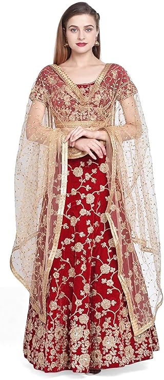 DUPATTA BAZAAR Women's Embroidered Gold Net Dupatta