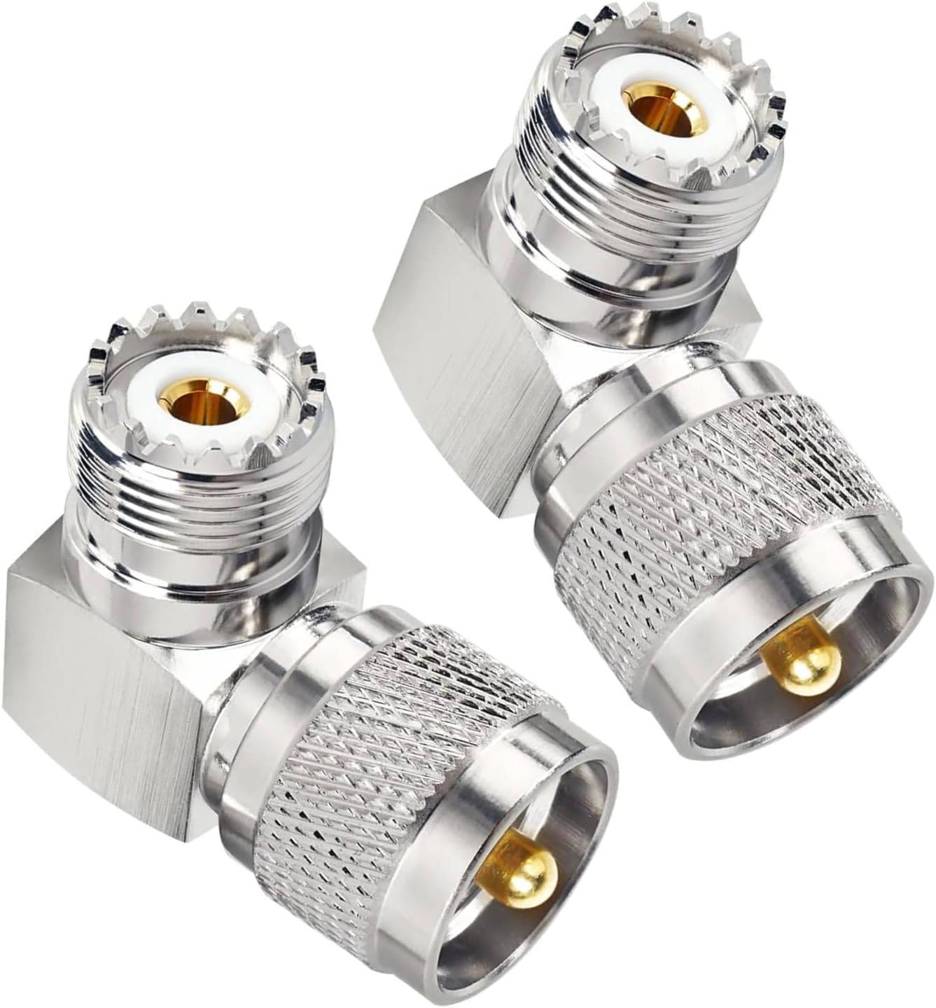 CESS UHF Right Angle Adapter L Shape 90 Degree RF Coax Connector for CB Radio, Nickel-Plated Housing, PL259 Male to SO239 Female, Gold-Plated Pin and Jack, Knurled Slip-Resistant Surface (2 Pack)