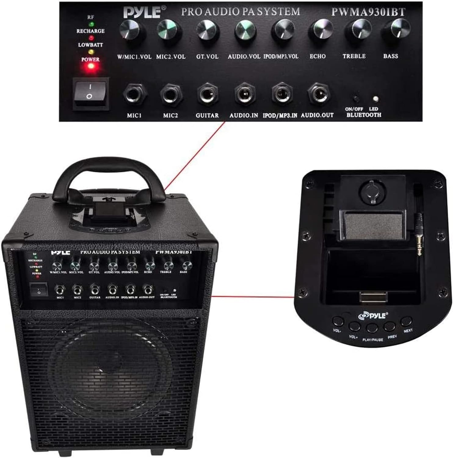 Wireless Portable PA Speaker System - 600W Bluetooth Compatible Rechargeable Battery Powered Outdoor Stereo Speaker Microphone Set w/ 30-Pin iPod Dock, Wheels - 1/4" to AUX RCA Cable - Pyle PWMA930IBT