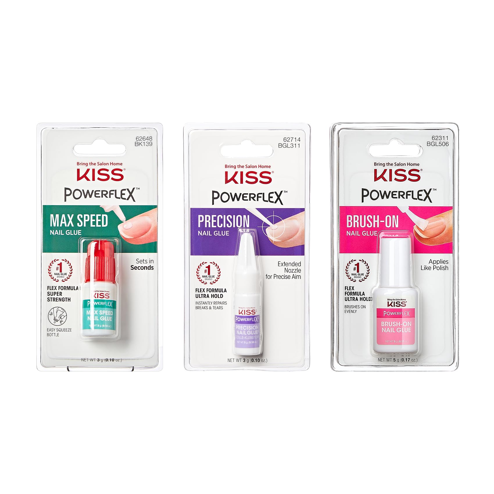 KISS PowerFlex Ultra-Hold Super Strength Instant Bond Flex Formula Nail Glue - Application of Artificial Nails & Natural Repair - Max Speed, Precision, & Brush-On 3-Pack