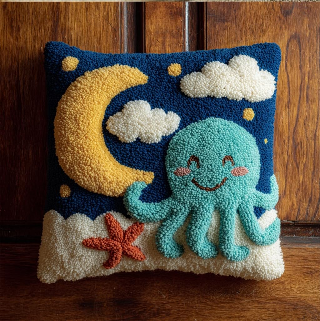 Taxpy Latch Hook Kits Pillow Octopus and Moon Printed Cushion Crochet Yarn Embroidery Needlework Hook and Latch Kit Pillowcase Rug Cover Home Decor 43X43Cm