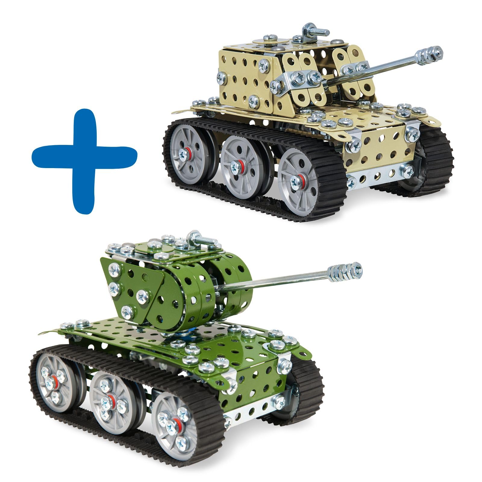 Eitech Metalowy zestaw do budowy – czołg 2-częściowy zestaw zabawek ArmyGreen i piaskowo-żółty, zestaw modelarski dla chłopców i dziewczynek, prezent dla dzieci 8, 9, 10 lat, zabawka motoryczna