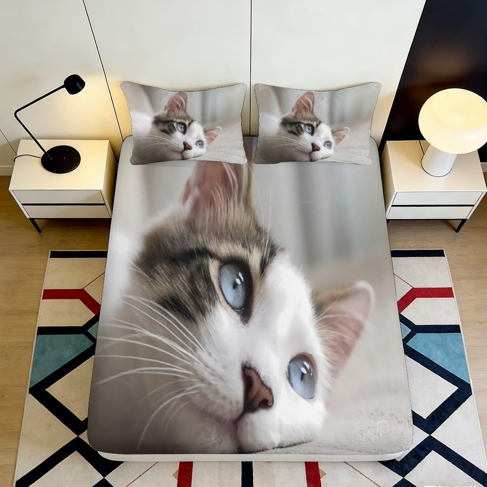 3D Printed Blue Eyed Cat Fitted Sheet Microfiber Soft Anti-Slip Animal Pattern Mattress Cover for Bedroom Guest Room Home Decor 120x200x25cm