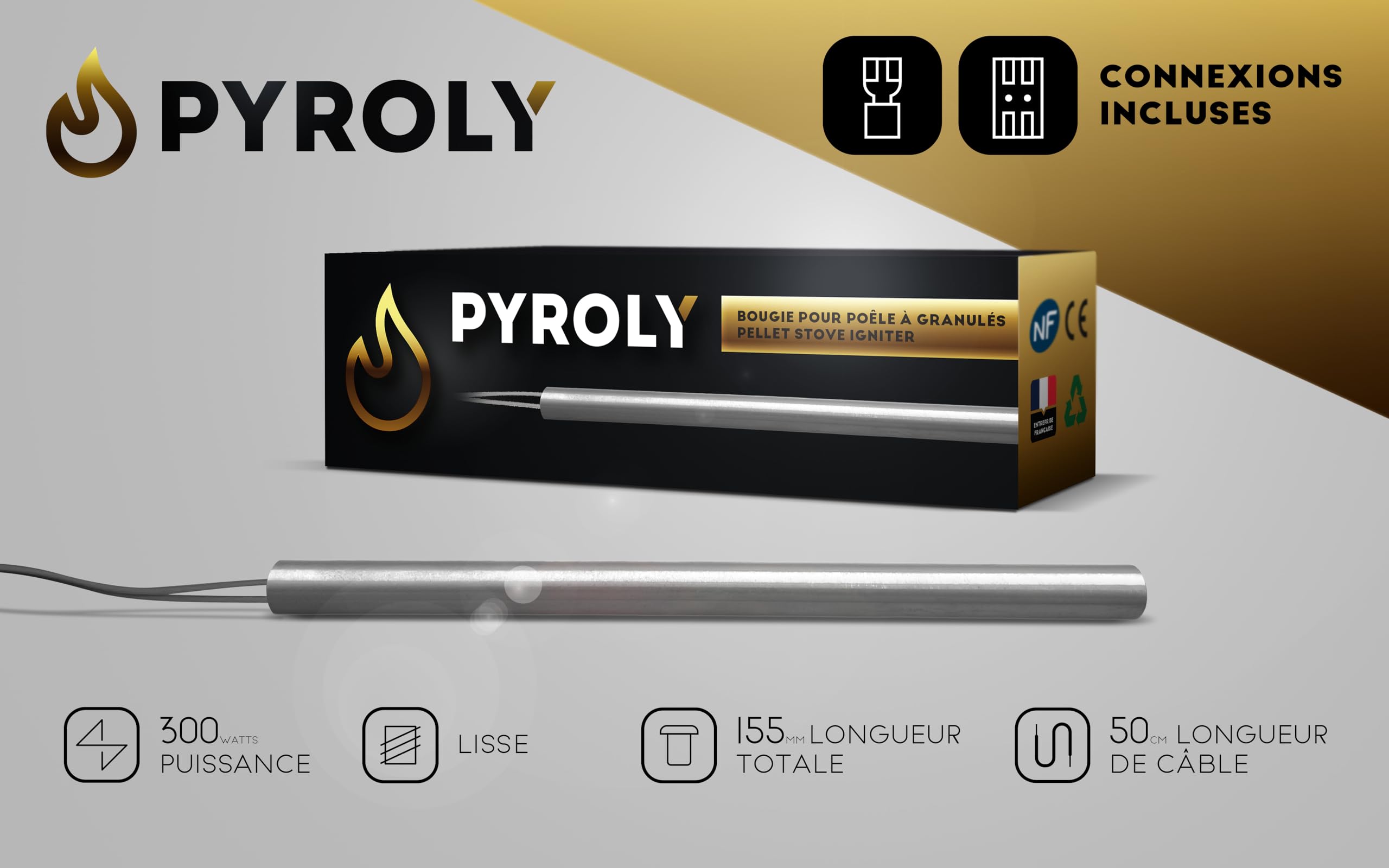 Bougie d'allumage pour poêle à granulés 155mm - Ø9,9mm - 300W - lisse | Compatible BESTOVE / EDILKAMIN / LA NORDICA EXTRAFLAME - Qualité supérieure avec connecteurs