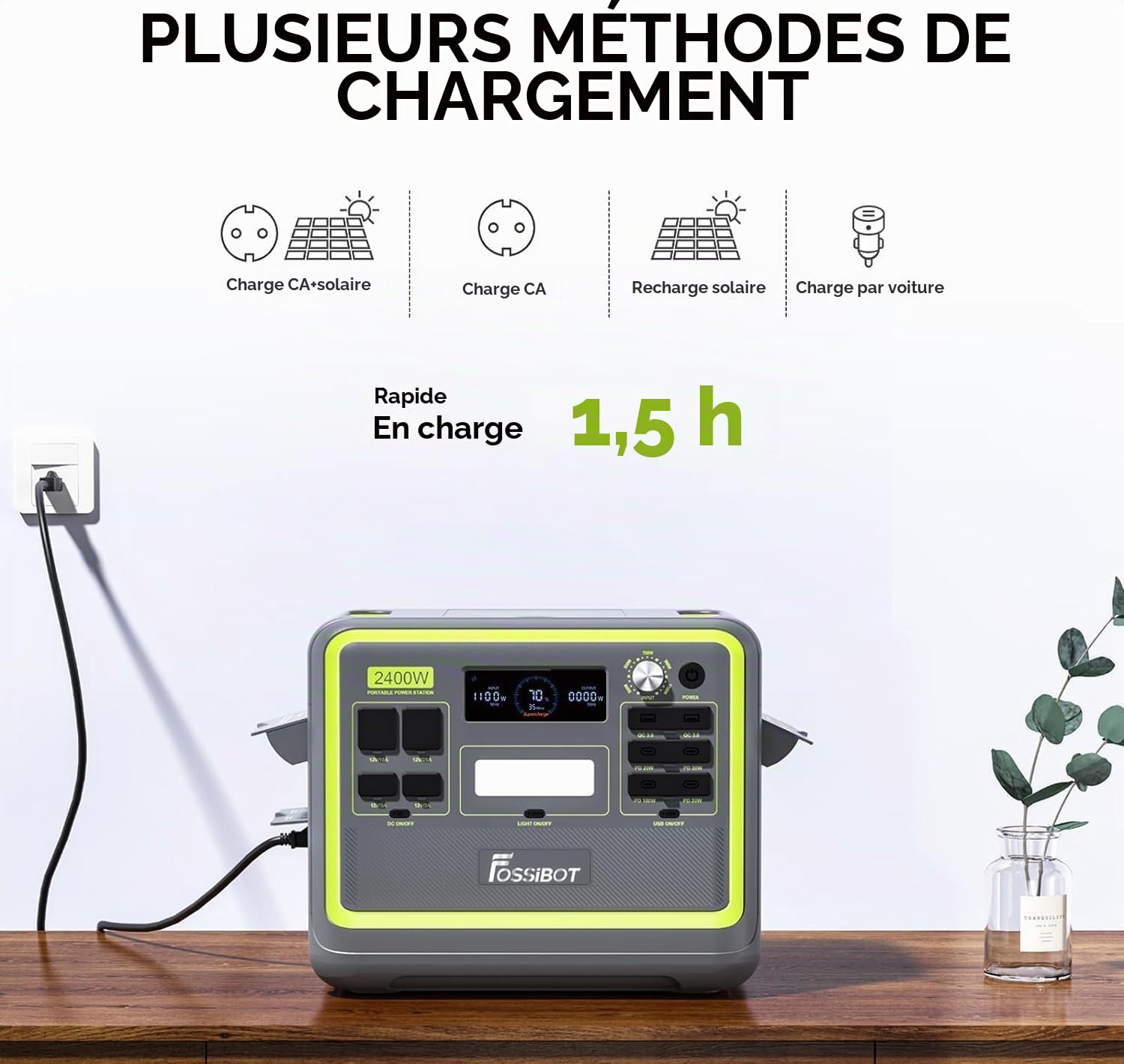 FOSSiBOT F2400 Generateur Electrique Portable, 2048Wh Batterie LiFePO4 Station électrique, 3 Sorties CA 2400W (4800W Pic) 230V Groupe Electrogene Solaire pour Camping, Voyage Maison/Bureau