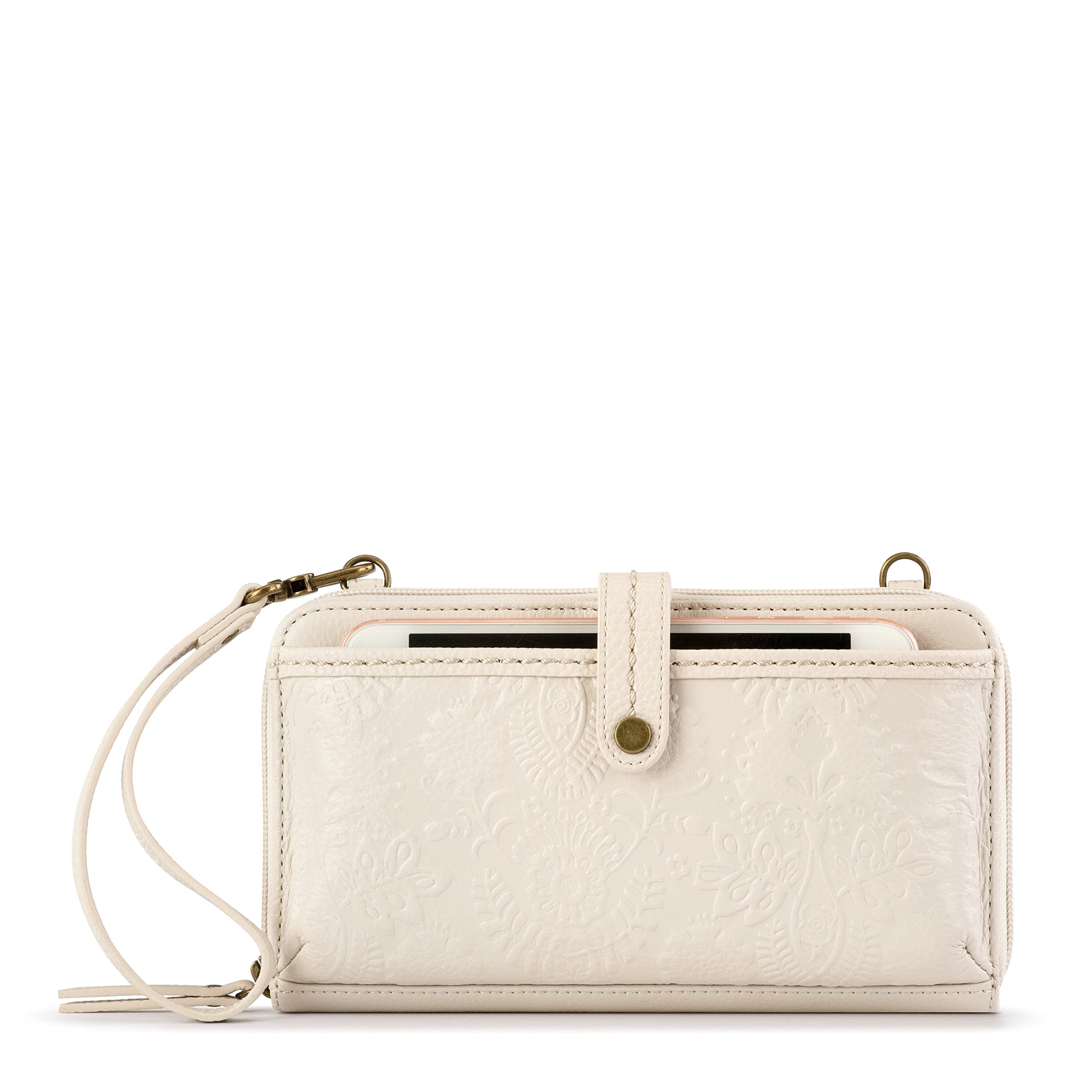 The SakWomens, Iris Large Smartphone Crossbody Bag in Leather, Stone Floral Embossed, Large