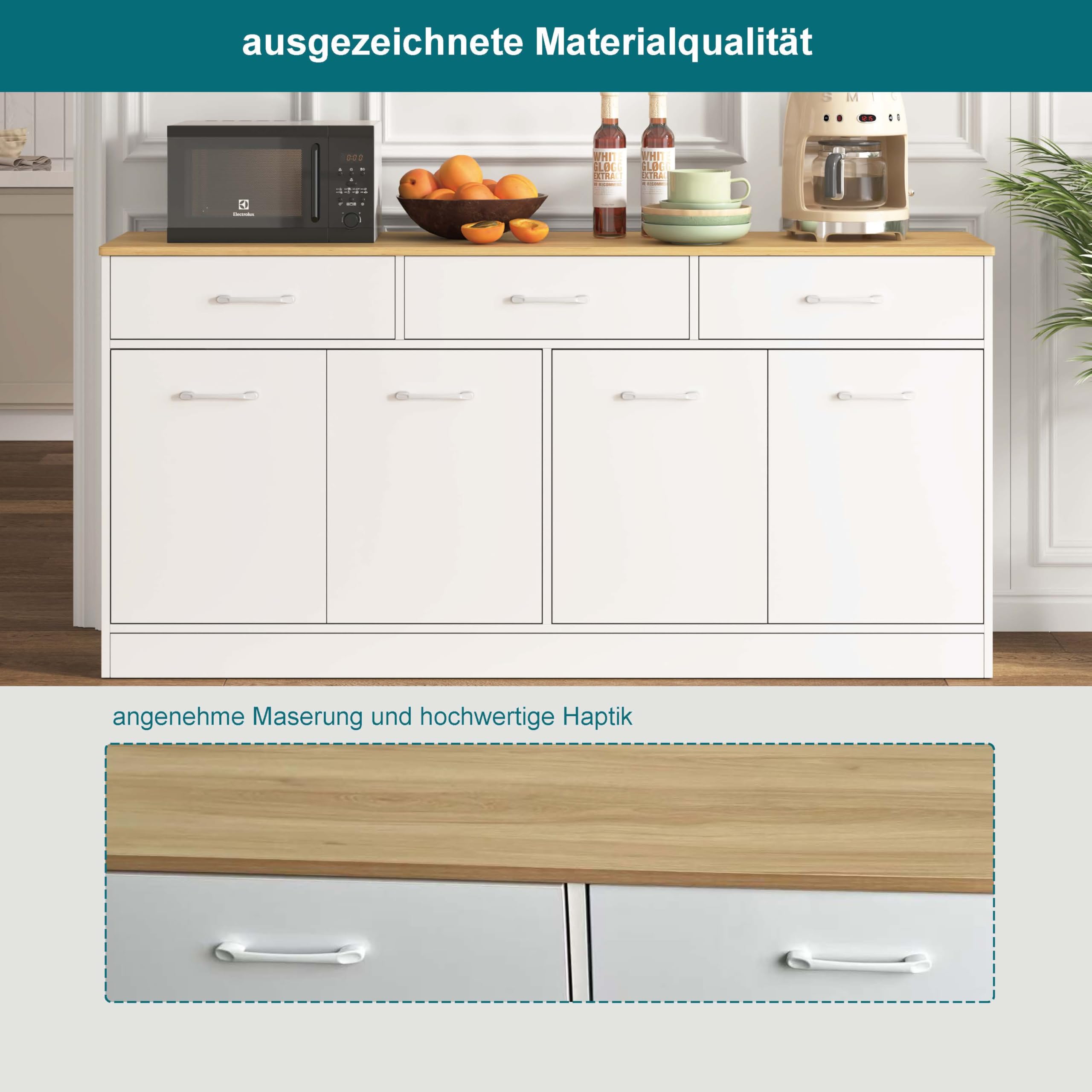 Küchenschrank Sideboard 160 cm mit 3 Schubladen und verstellbaren Einlegeböden, Kücheninsel mit Arbeitsplatte in Holzoptik, Vorratsschrank für Küche, Esszimmer und Wohnzimmer, Weiß