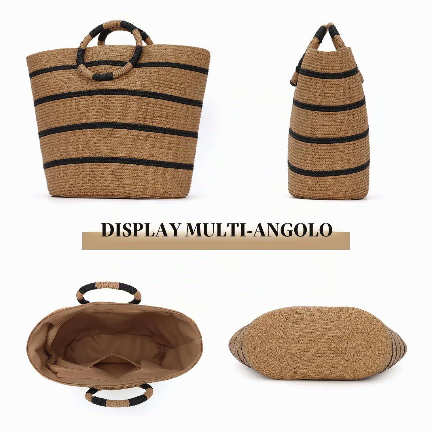 EVEOUT Borsa Tote in paglia per Donna Borsa a Cesto da Spiaggia Intrecciata Estiva Borsa a mano in Rafia a Righe per Vacanze Viaggio