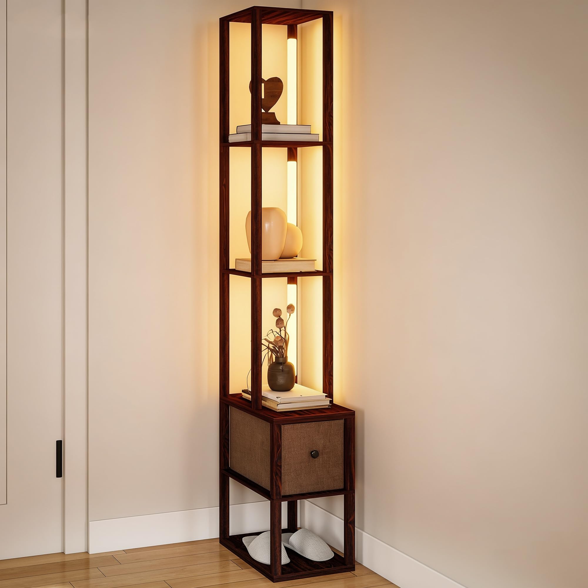 HOMCOM Floor Lamp - 4 Shelf - Brown - LED