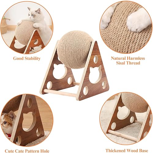 Miniatura 6 de Juguete rascador para gatos, bola rascador de sisal natural con campana integrada, bola rascador interactiva de madera maciza para gatos y gatitos