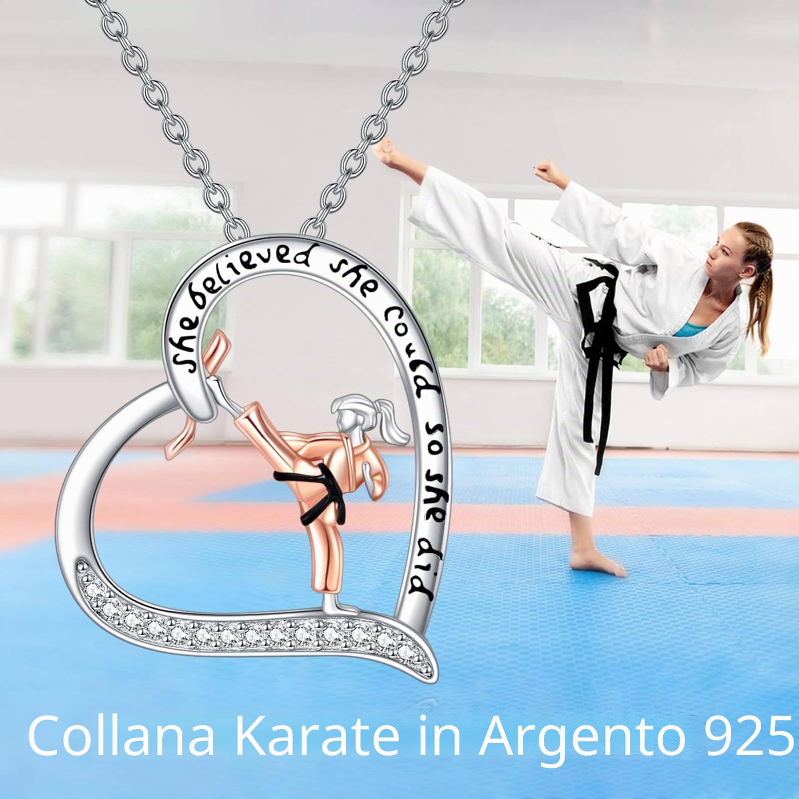 POPLYKE Collana Karate da donna in argento Sterling Karate Collana Taekwondo Jiu Jitsu gioielli da donna, m, Argento, Nessuna pietra preziosa