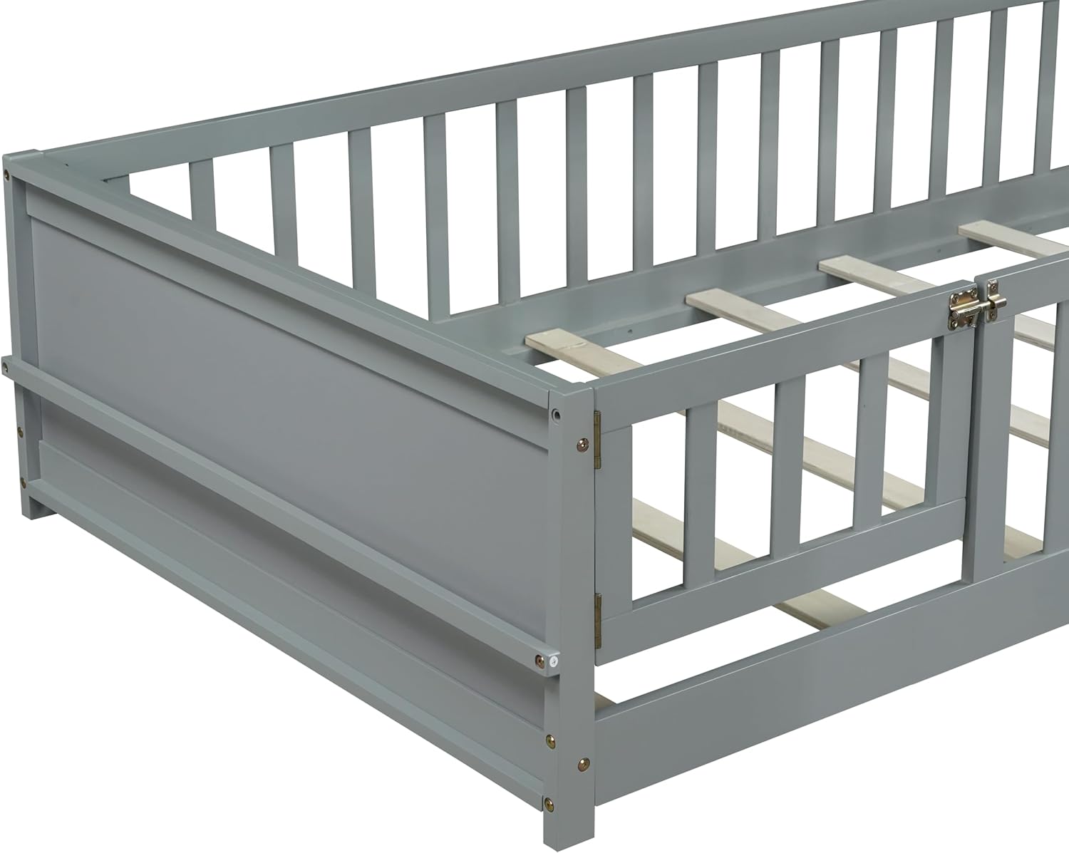 KEIKI Twin Size Kids Floor Bed with Built-in Book Rack and Door, Twin Size Kids Montessori Floor Bed with Slats and Safety Guardrails for Girls, Boys, No Box Spring Needed, Grey