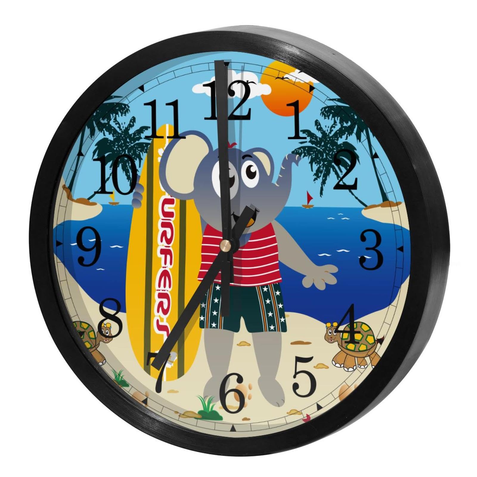 Horloge murale ronde sans tic-tac pour cuisine et salon décor plage d'éléphants