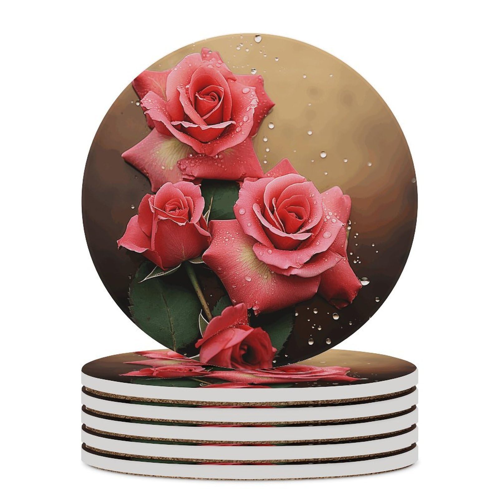 Khauerbc Style Roses Drink Coasters With Holder For Coffee Table,Ceramic Coaster With Cork Base,Ceramic Stone Coaster For Iced Cold Or Hot Drinks,4.1 Inches