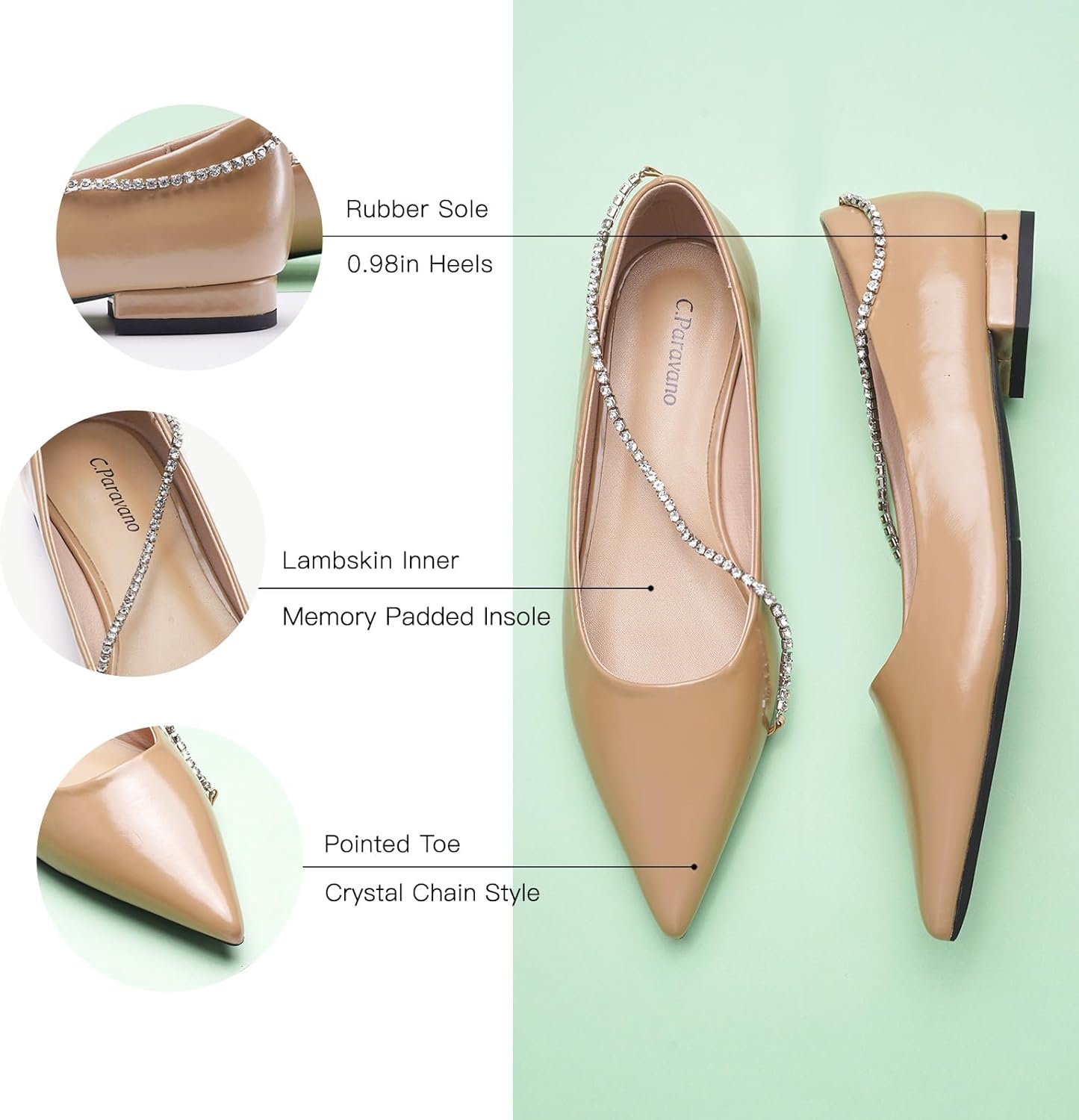 C.Paravano Crystal Chain Pointed Toe Flats Comfortable Party Dressy Shoes for Women Designer Shoes Women's Flats