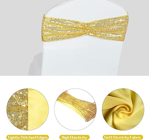 Miniatura 3 de Poise3EHome Juego de 50 bandas elásticas de lentejuelas doradas para sillas de una cara, lazos decorativos para bodas, fiestas, eventos, fundas de