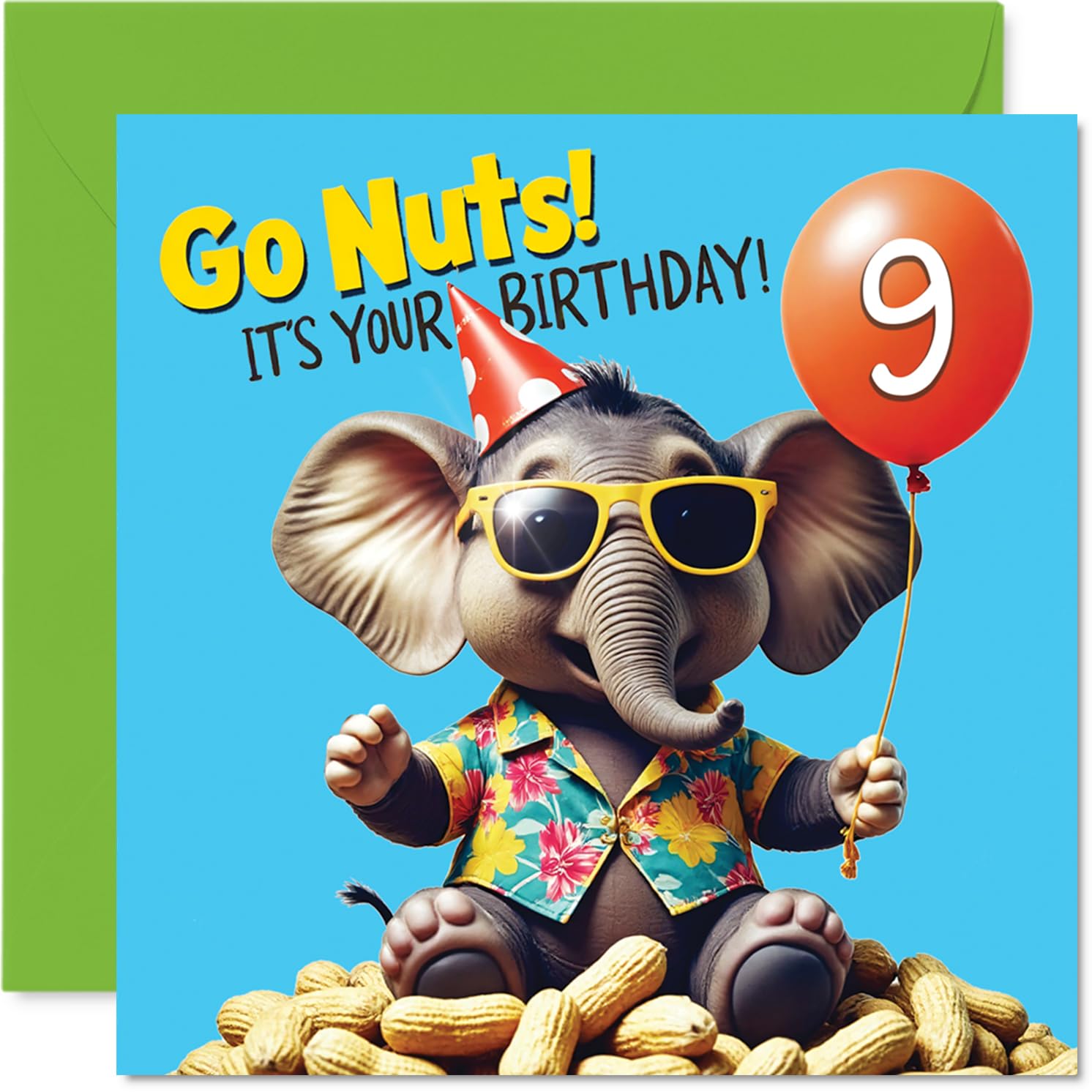 9th Birthday Cards for Boys Girls - Elephant Go Nuts! Its Your Birthday! - Happy Bday Card for 9 Year Old Boy Girl Son Granddaughter Grandson Niece, 145mm Bday Greeting Cards