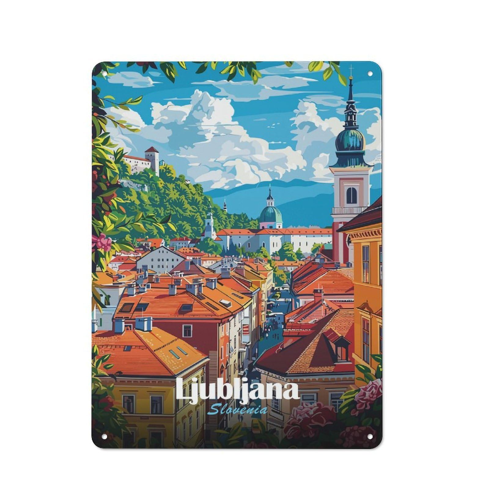 Classic Vintage Metal Sign 40x30cm Featuring Ljubljana, Slovenia Cityscape Illustration, Classic Pub Decor for Bar, Kitchen, Garage Or Games Room