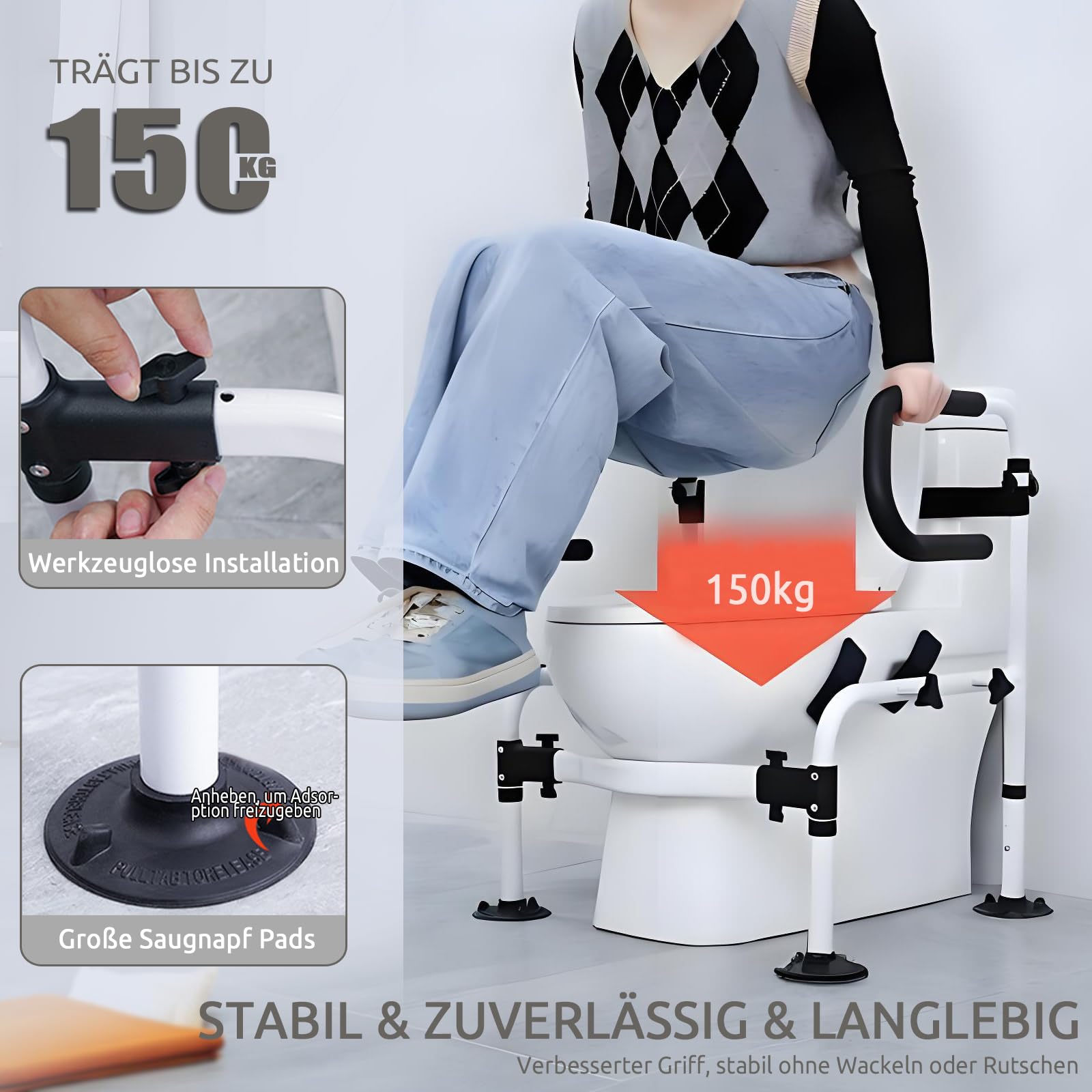 NJUN Pomoc przy wstawaniu toaleta z zaciskami 360° i poduszkami ochronnymi EVA | Szerokość i regulacja wysokości, dwupoziomowe podłokietniki, duże przyssawki, bez wiercenia, nośność 100 kg
