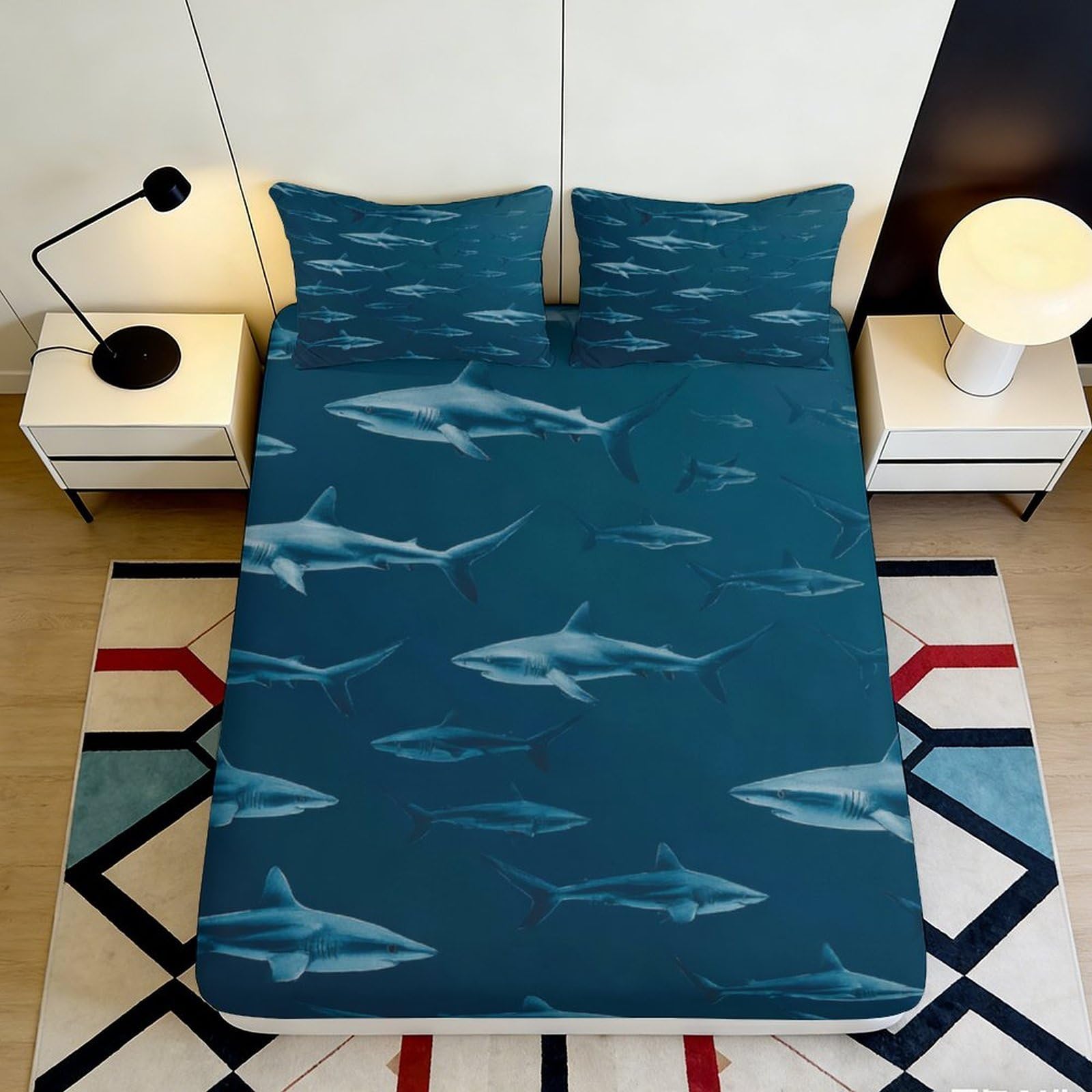 3D Printed Shark Pattern Fitted Sheet Microfiber Deep Pocket Non-Slip Bedroom Bedding Shark Mattress Fitted Cover for Adults Teen Full Wrap Washable 200x200x25cm 90x200x25cm