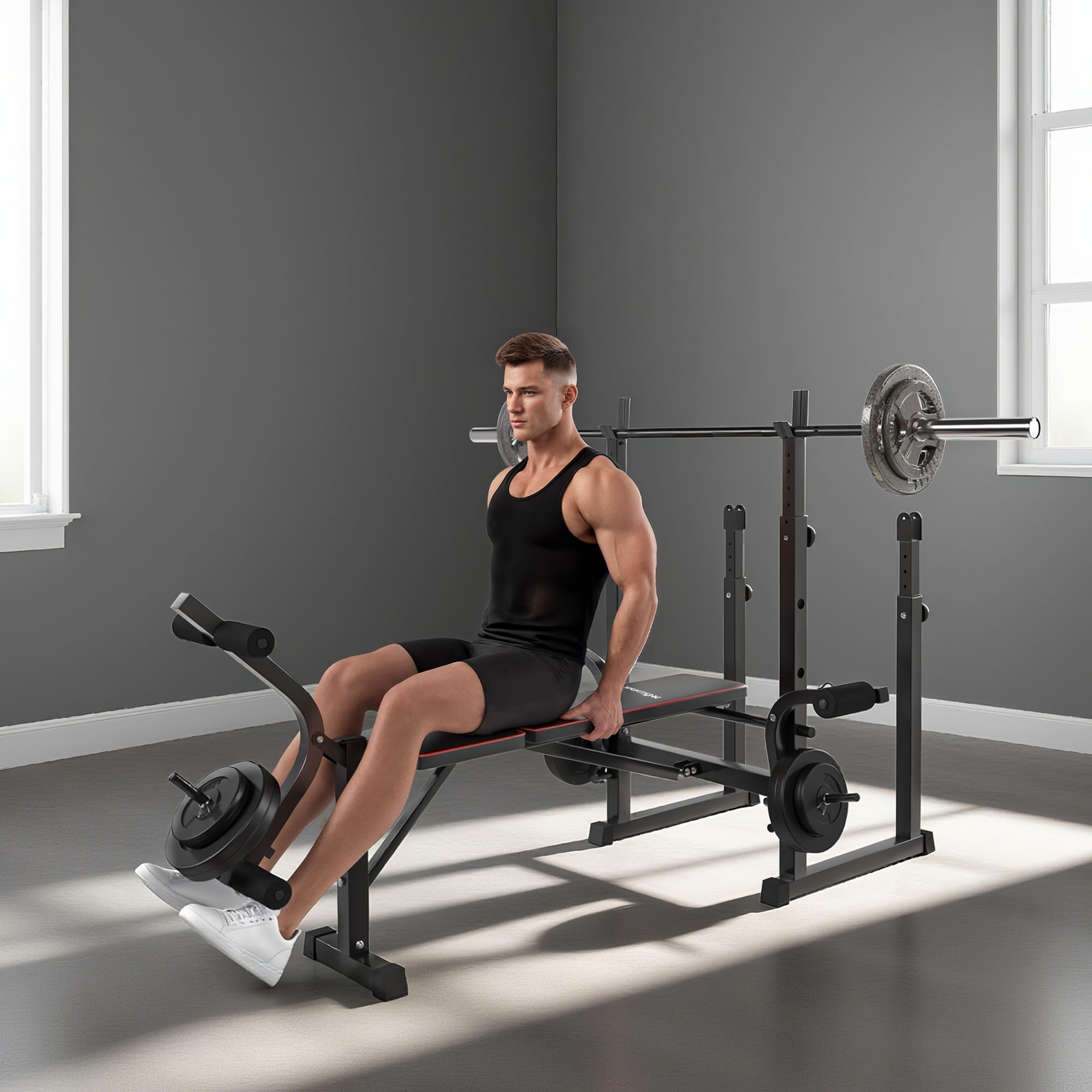 SPORTNOW Banco de Musculación Multifuncional Respaldo Ajustable Negro | Banco de Pesas Multifuncional, Press Banca, Soportes para Barra Regulables, Entrenamiento de Cuerpo, Casa, Gimnasio