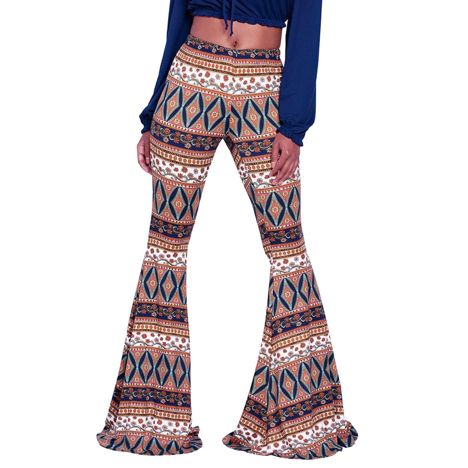 Women High Waisted Fit Flare Ethnic Paisley Floral Bell Bottoms Yoga Pants Flared Leggings