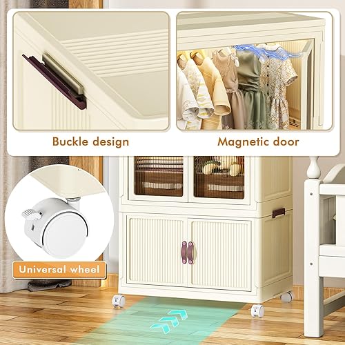 Miniatura 8 de Ceinun Armario con cubos de almacenamiento y barra para colgar, armario de dormitorio apilable y plegable para apartamento, armario de 1 nivel y