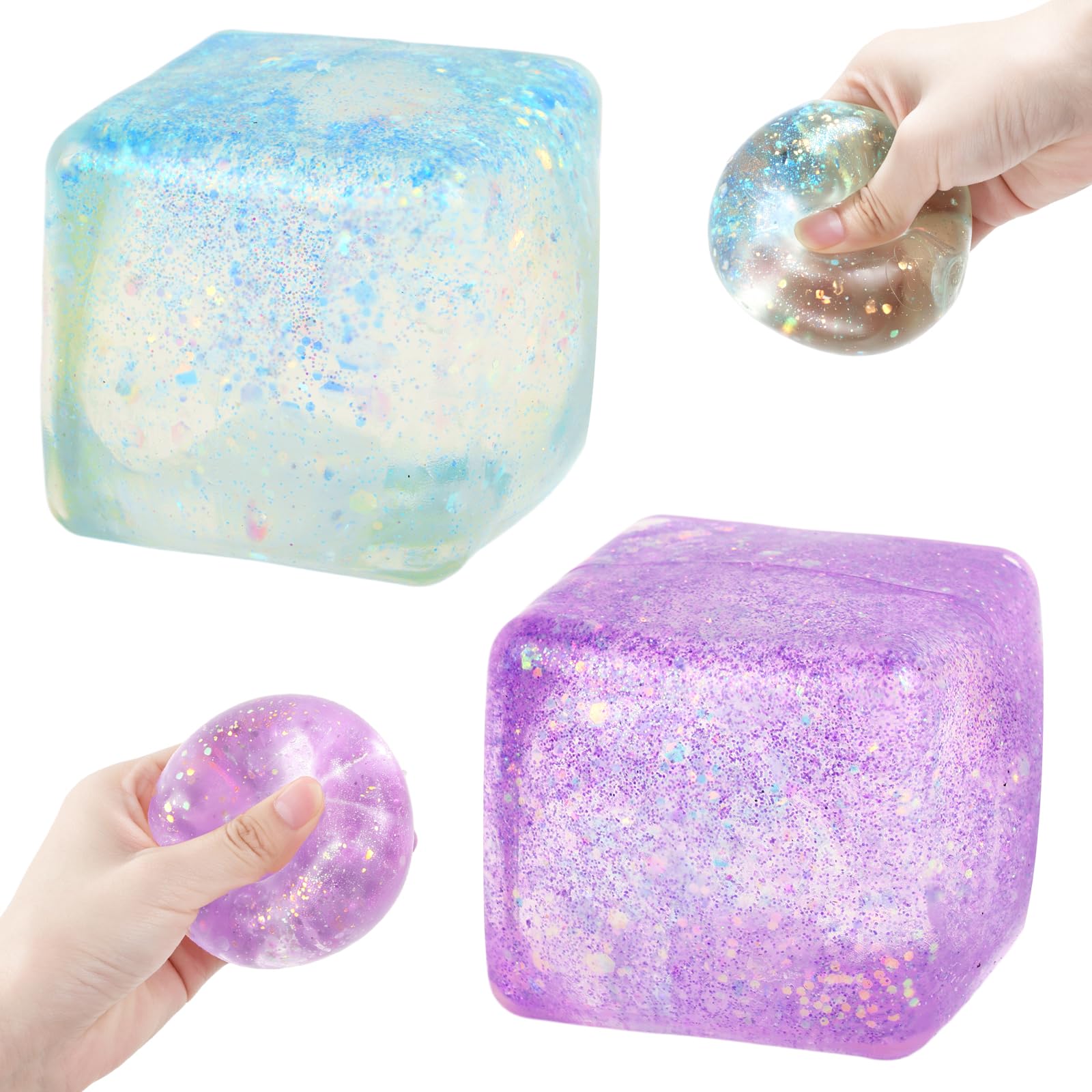 2Pcs Glitter Cube Squishy Fidget Toy, Slow Rising Sensory Stress Ball — image 1