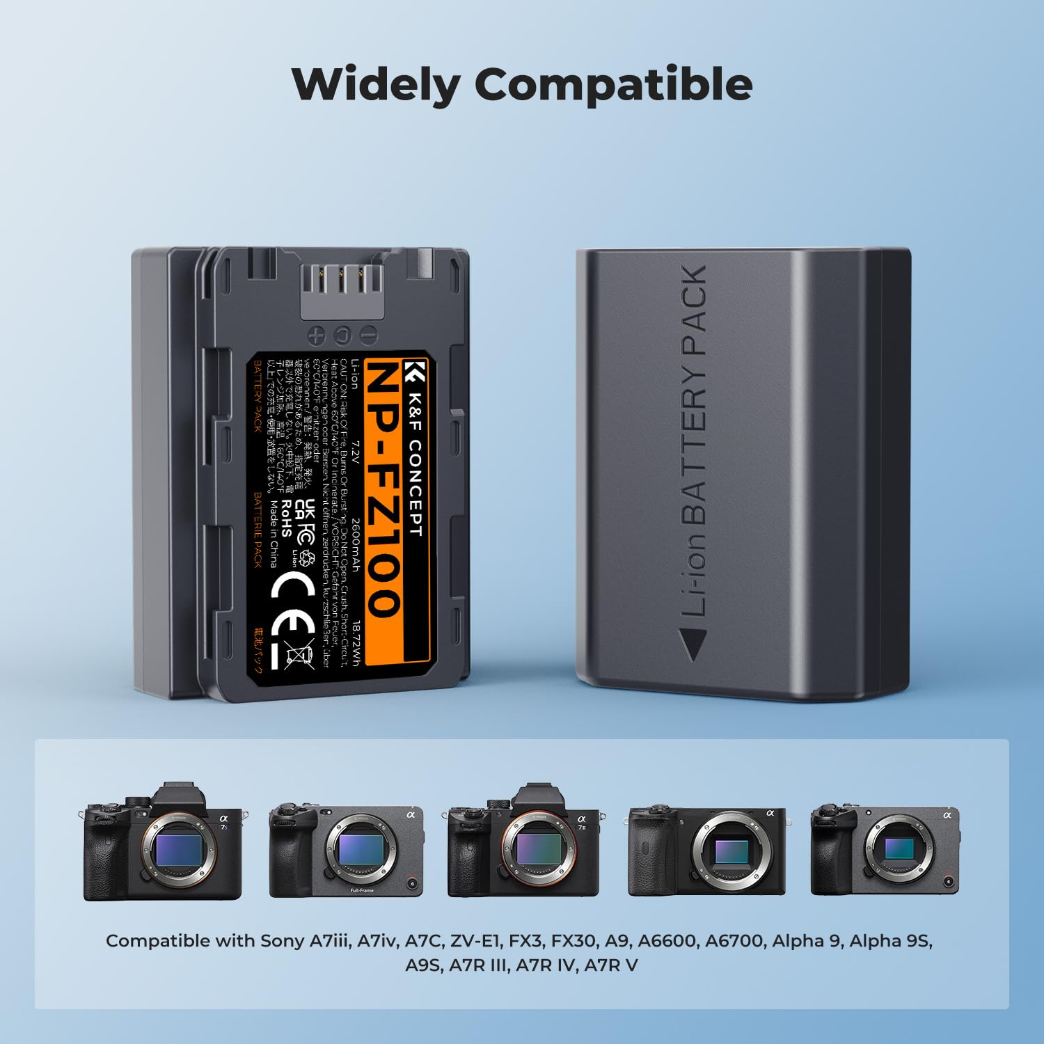 K&F CONCEPT NP-FZ100 o dużej pojemności 2600 mAh, dwa akumulatory i jedna ładowarka, zestaw 2 akumulatorów do aparatów Sony Alpha A7III, A7IV, A7R III/A7R3, A7RIV, A7RV, A7C, A7S III/A7S3, A9, A9II, A
