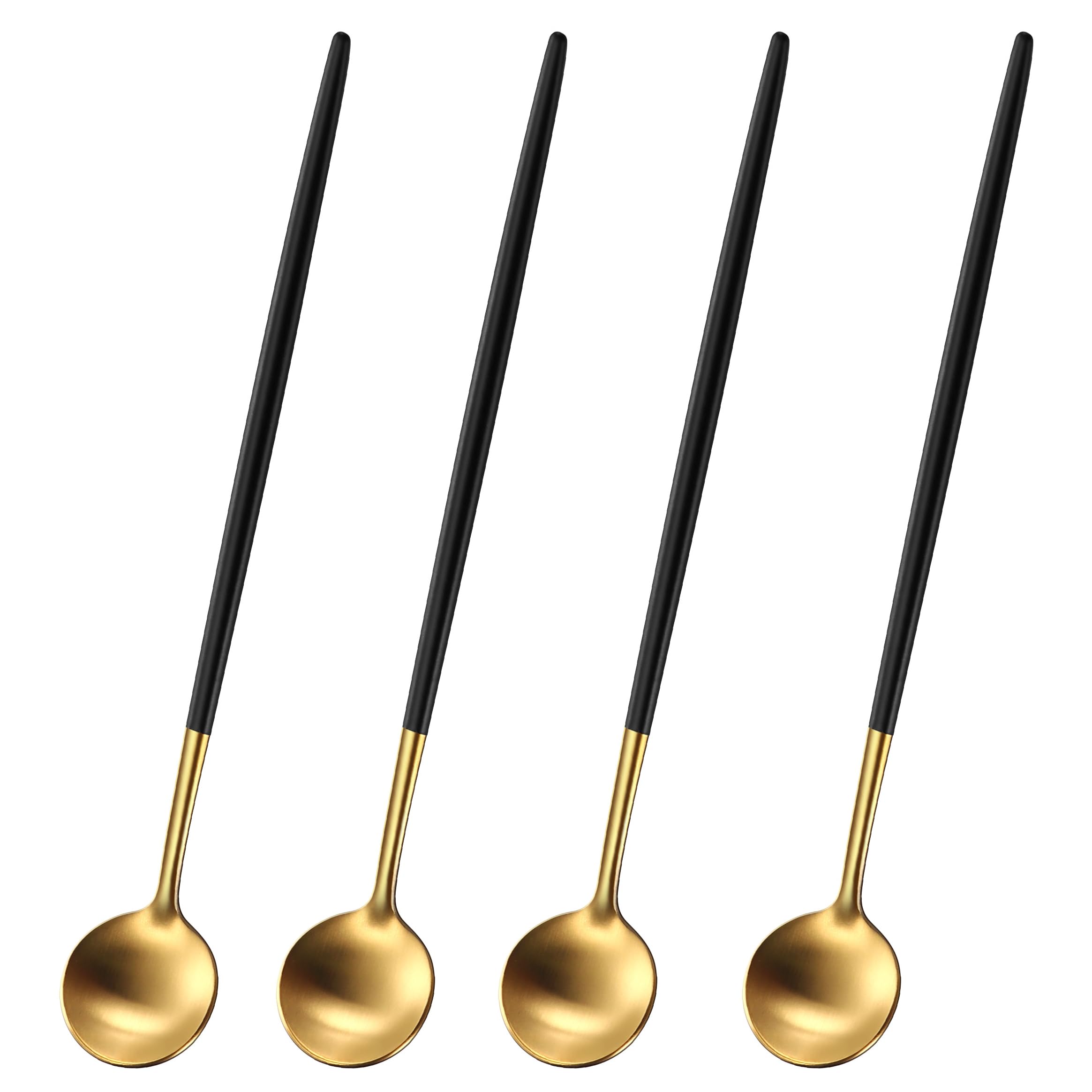 9 Inch Gold Latte Spoons with Black Handle,Set of 4 Stainless Steel 304 Long Coffee Stirring Spoons,Long Handle Iced Teaspoons,Durable Iced Cream Sundae Spoon,Cocktail Stirrer