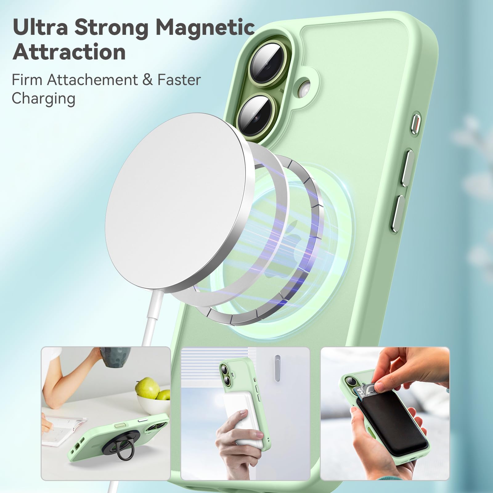 Natiiozie Magnetica Cover Compatibile con iPhone 17 Compatibile con MagSafe Custodia Traslucida Opaca Posteriore, Anti-impronta Resistente ai Graffi Protettiva Case Verde chiaro