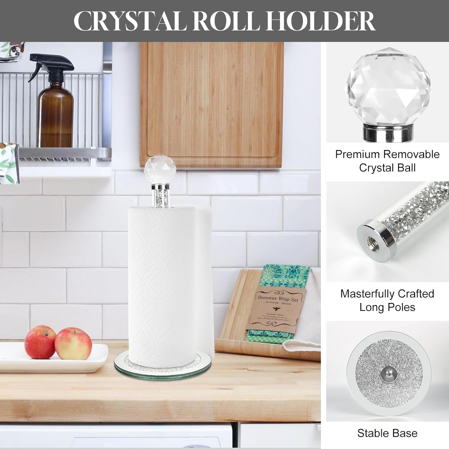 Paper Towel Holder Stand, Silver Countertop Paper Towel Roll Dispenser Holders with Round Base,Tissue Holder Filled with Sparkly Crystal Crushed Diamond House Decor for Kitchen Bathroom, Heavy Weight