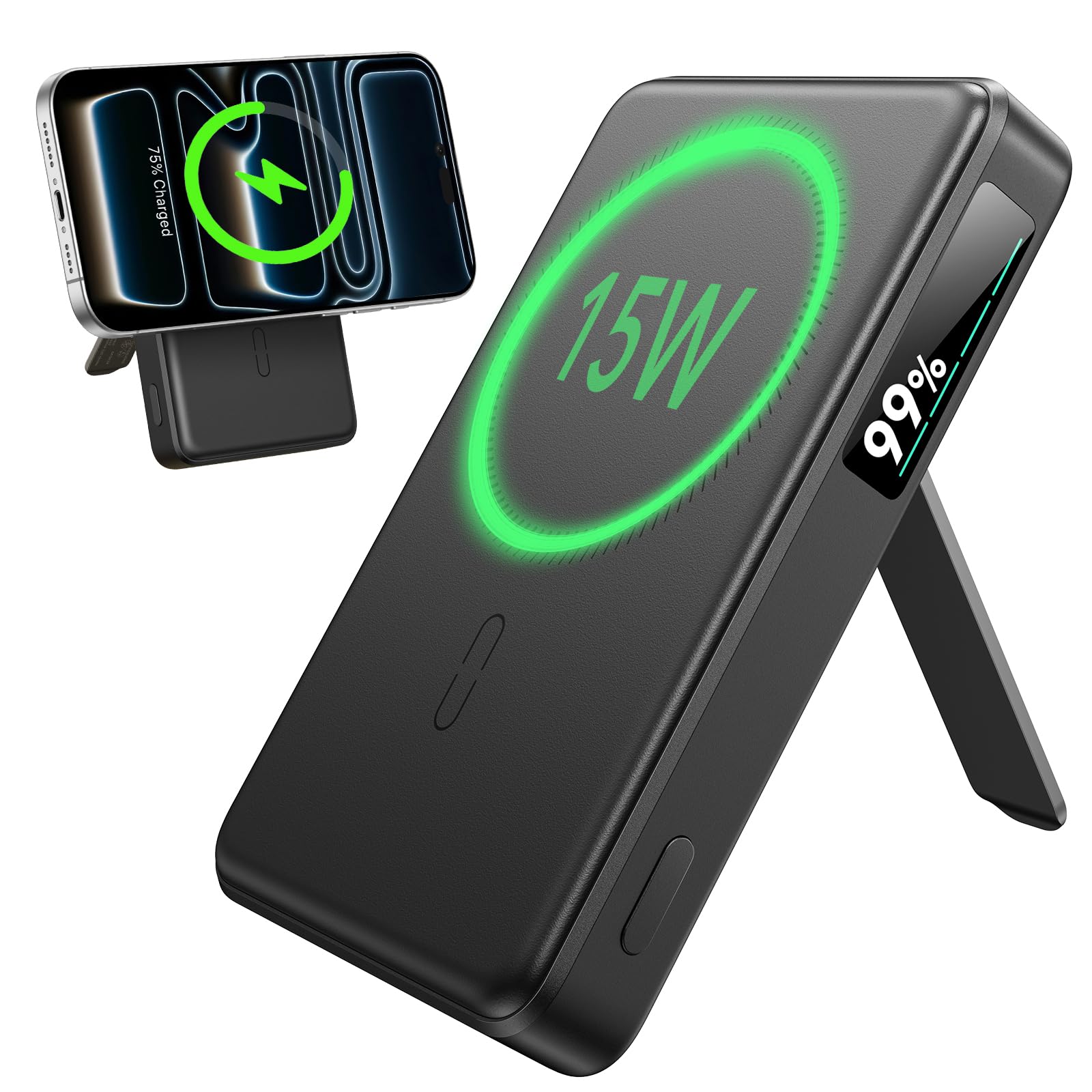ESR for MagSafe Power Bank, Kickstand 10,000mAh MagSafe Portable Charger,15W Fast Battery Pack with LED Display, 27W USB-C MagSlim Charger with Cable for iPhone 17/16/15/14/13/12,Black