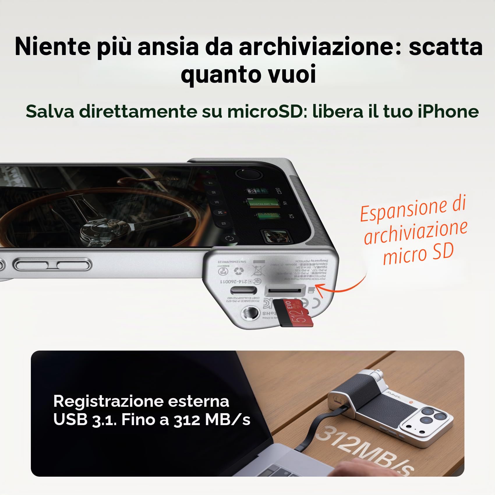 PGYTECH Kit Impugnatura RetroVa per iPhone 17 Pro Max, con Custodia Vintage, Impugnatura Bluetooth per Smartphone, Slot MicroSD, Filettatura 1/4"-20, Controlli Fisici e Integrazione App