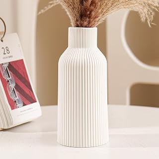 Hanaomaoyi Bohemian White Ceramic Vase for Pampas Grass - Modern Farmhouse Mantel, Bookshelf, Living Room Decor (7in Tall)